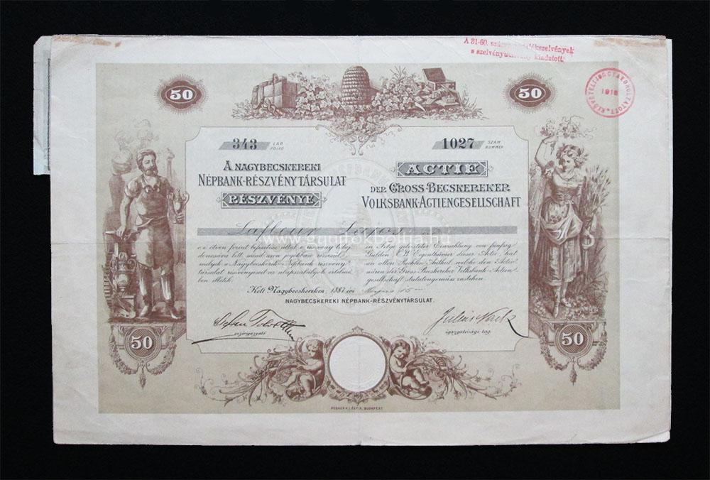 Nagybecskereki Népbank részvény 50 forint 1887 (SRB)